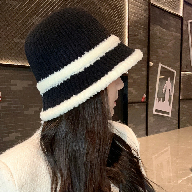 Hot selling color block bucket hat basin hat [E-509CHT black adjustable knitted hat] [one size fits all]