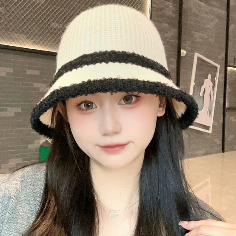 Hot selling color block bucket hat basin hat [E-509CHT beige adjustable knitted hat] [one size fits all]