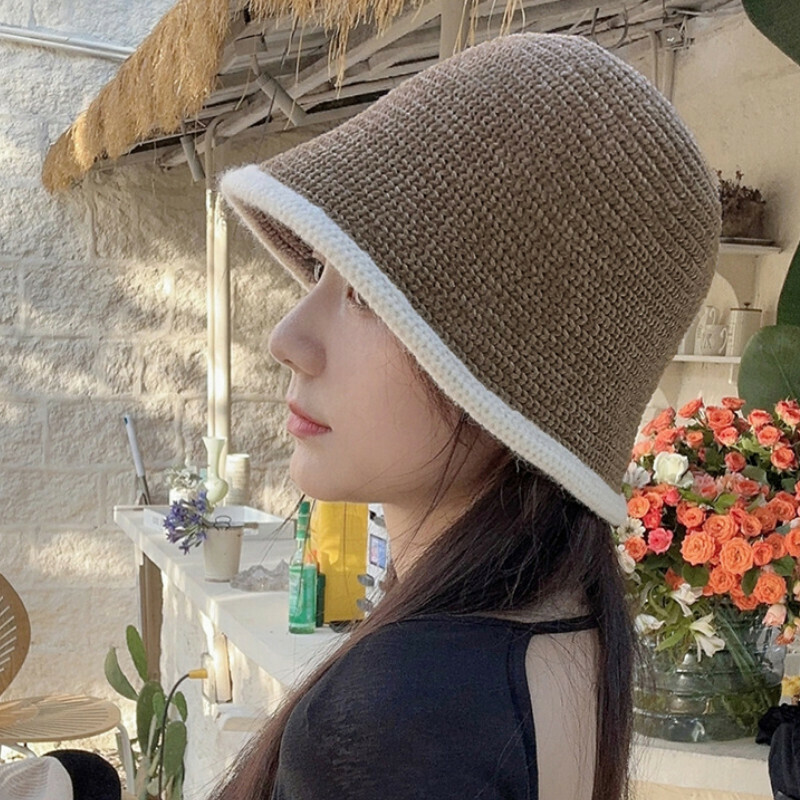 Hot selling color block bucket hat basin hat [E-511CHT brown chenille knitted bucket hat] [one size fits all]