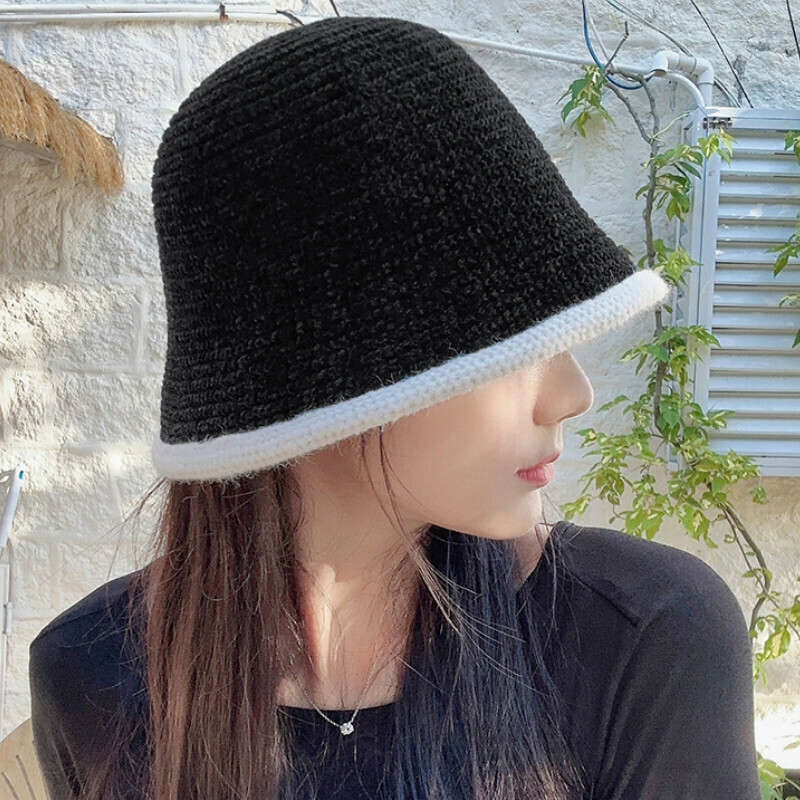 Hot selling color block bucket hat basin hat [E-511CHT black chenille knitted bucket hat] [one size fits all]