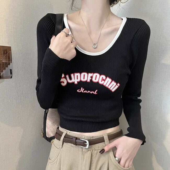 Hot selling contrasting color short long-sleeved T-shirt sweater (one size fits all) (black)