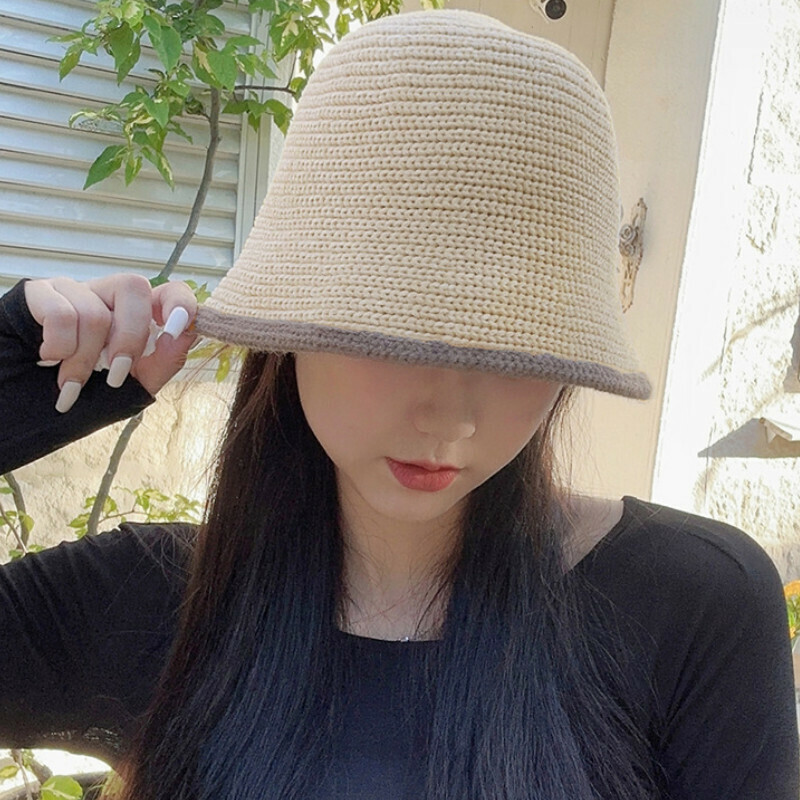 Hot selling color block bucket hat basin hat [E-511CHT beige chenille knitted bucket hat] [one size fits all]