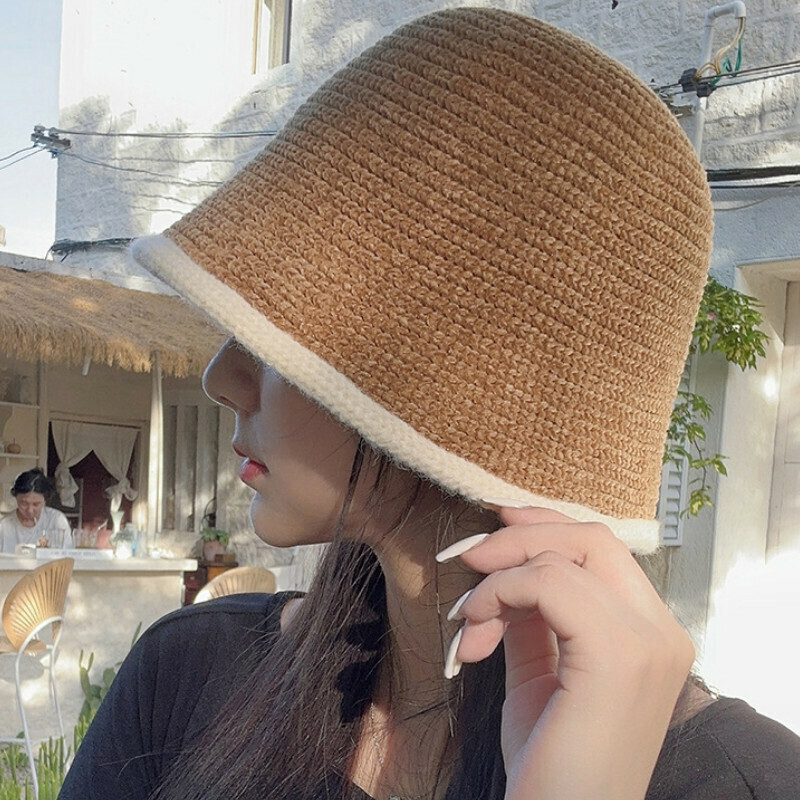 Hot selling color block bucket hat basin hat [E-511CHT ginger chenille knitted bucket hat] [one size fits all]