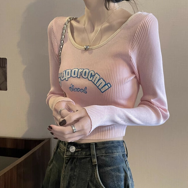 Hot selling contrasting color short long-sleeved T-shirt sweater (one size fits all) (pink)