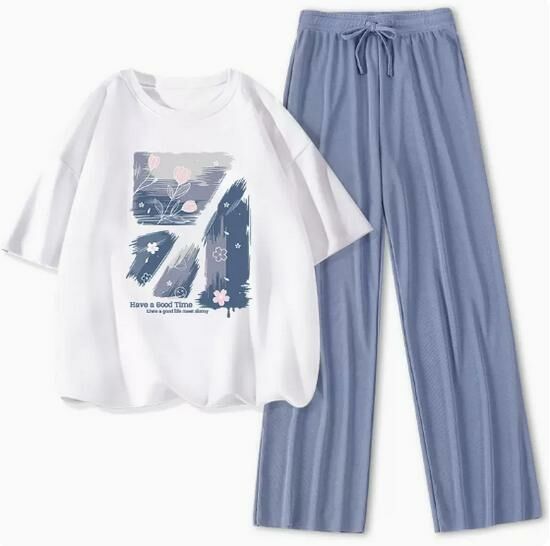 Hot selling ice silk casual sports suit [white (creator flower) + blue pants] [S-XL size] (please contact customer service to confirm the delivery size after placing the order)