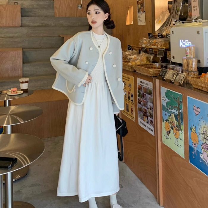 Hot selling beige knitted dress + light blue woolen top two-piece set (one size fits all)
