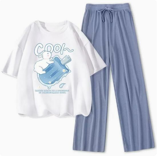 Hot selling ice silk casual sports suit [white (popsicle rabbit) + blue pants] [S-XL size] (please contact customer service to confirm the delivery size after placing the order)