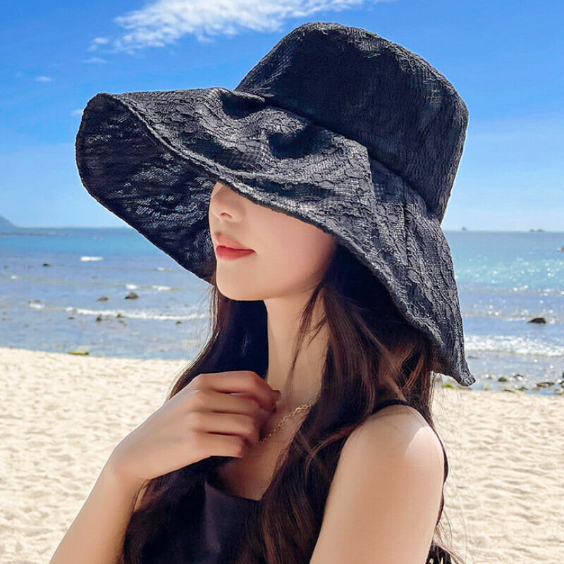 Hot Selling Large Brim Pearl Lace Flower Pot Hat [E-337 Black Pearl Bucket Hat] [One Size Fits All]
