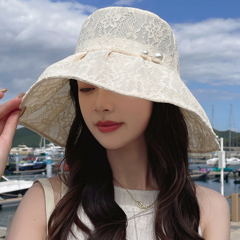 Hot Selling Large Brim Pearl Lace Flower Pot Hat [E-337 Beige Pearl Bucket Hat] [One Size Fits All]