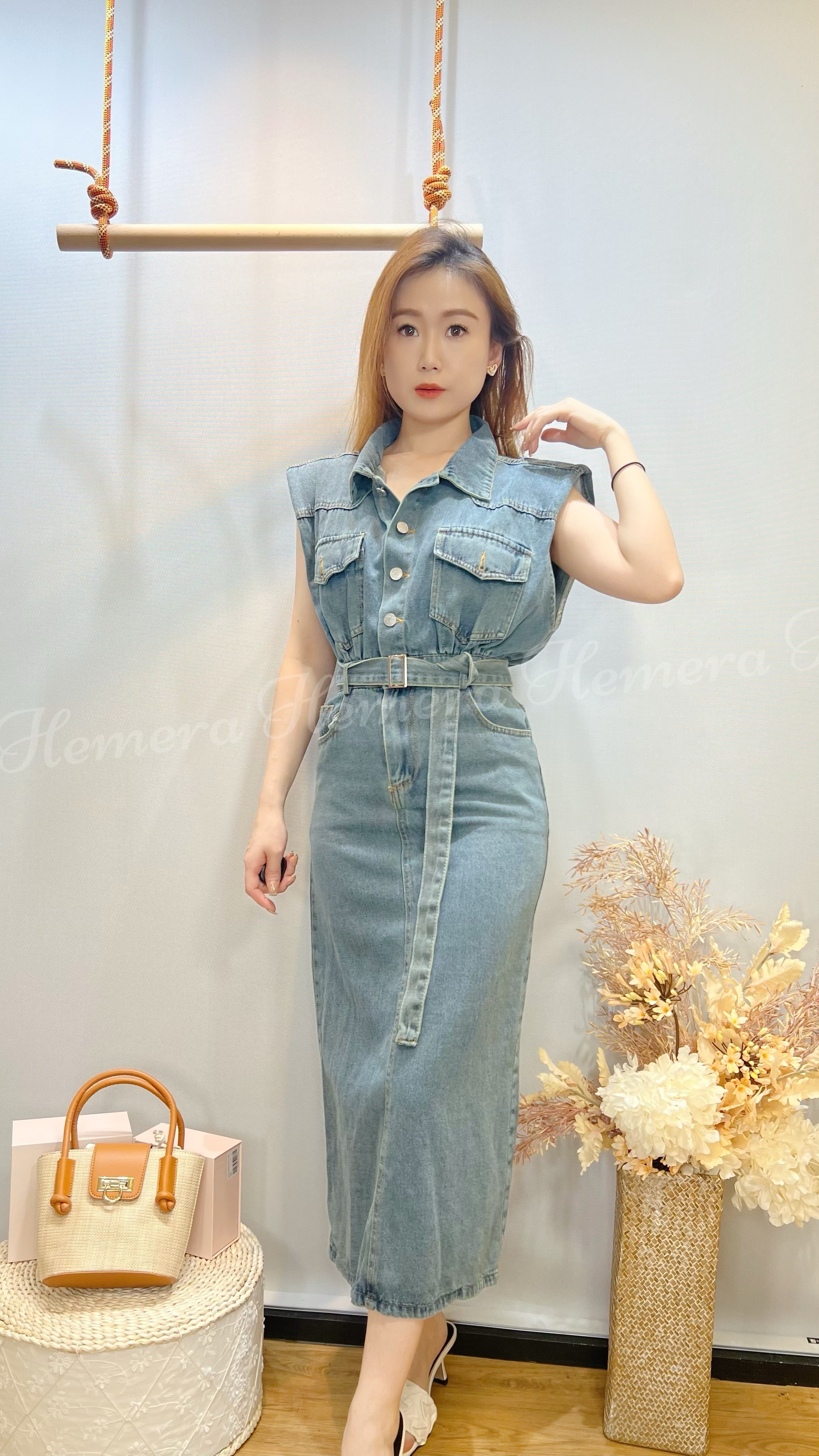 DR24W0529 女神中長牛仔連身裙(SHOULDER PAD可拆)