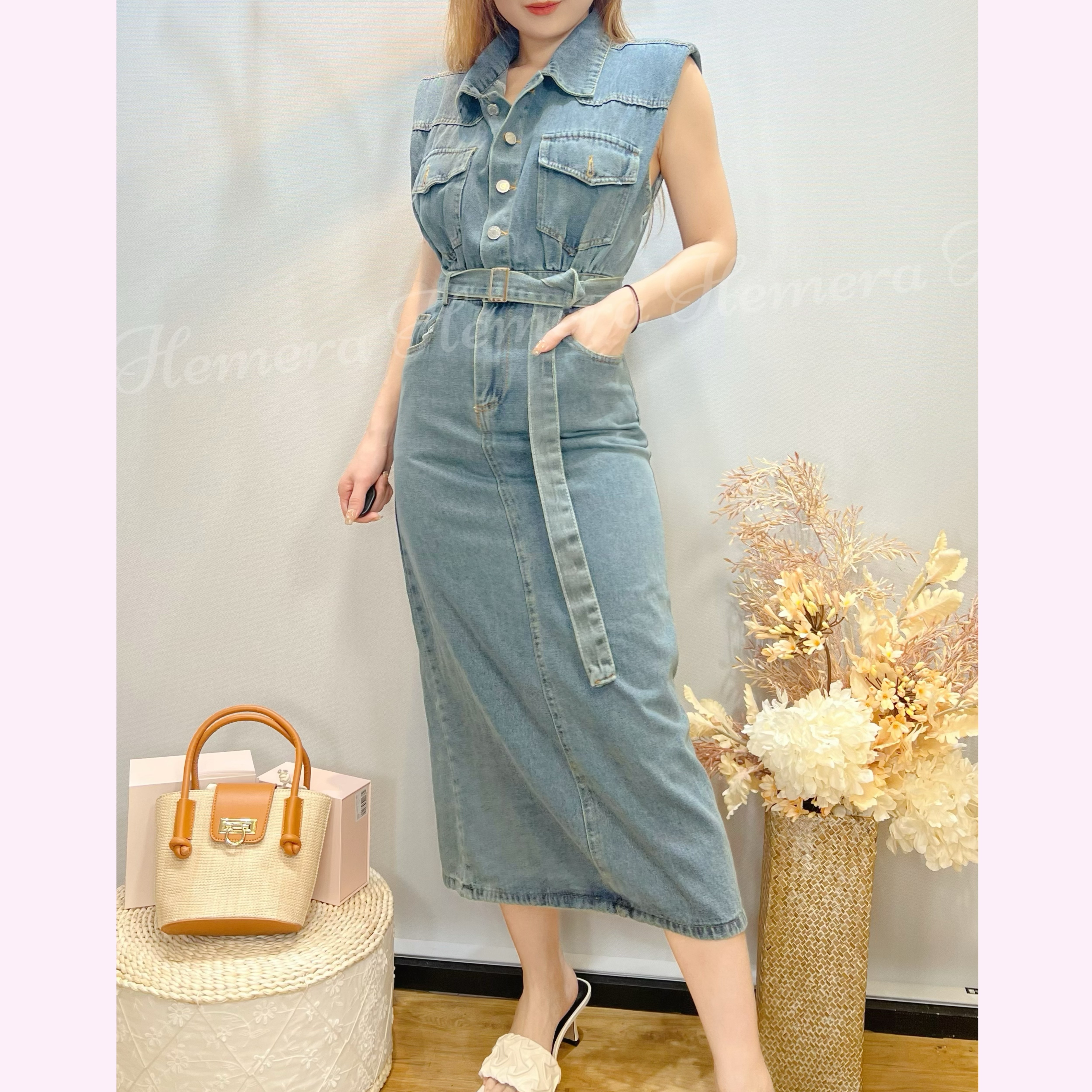 DR24W0529 女神中長牛仔連身裙(SHOULDER PAD可拆)