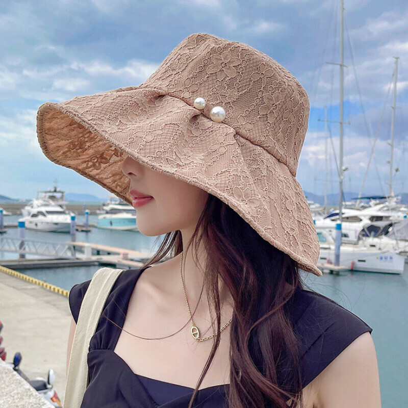 Hot Selling Large Brim Pearl Lace Flower Pot Hat [E-337 Khaki Pearl Bucket Hat] [One Size Fits All]