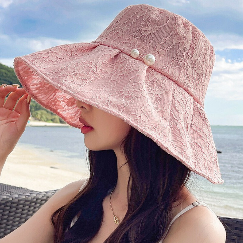 Hot Selling Large Brim Pearl Lace Flower Pot Hat [E-337 Pink Pearl Bucket Hat] [One Size Fits All]