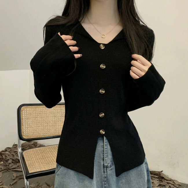 Hot Selling Irregular Hem Slit Knit Sweater (One Size) (Black)