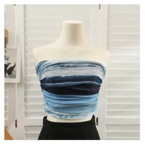 Crop Top, Mesh Pleated Top, Wrap Chest Vest (Blue) (One Size)