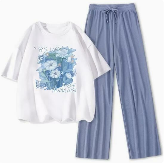 Hot selling ice silk casual sports suit [white (ice butterfly flower) + blue pants] [S-XL size] (please contact customer service to confirm the delivery size after placing the order)