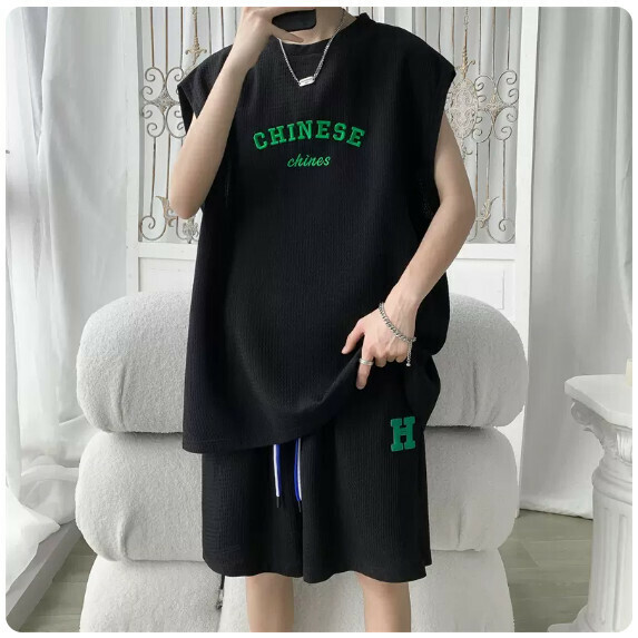 激抵背心短褲搭配男夏季（黑色【M_5XL碼】（下單後聯繫客服確認發貨尺碼）