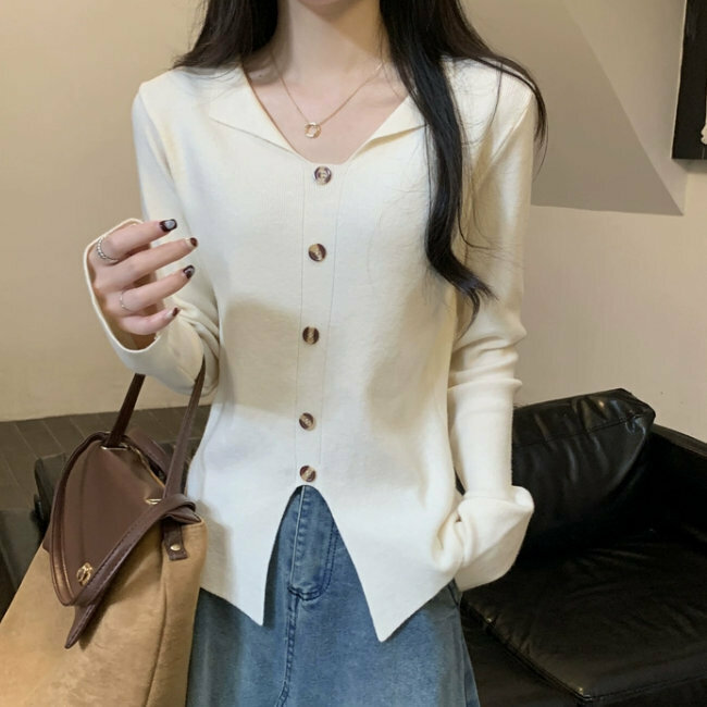 Hot Selling Irregular Hem Slit Knitted Sweater (One Size) (Apricot)