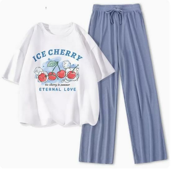 Hot selling ice silk casual sports suit [white (cherry flower) + blue pants] [S-XL size] (please contact customer service to confirm the delivery size after placing the order)
