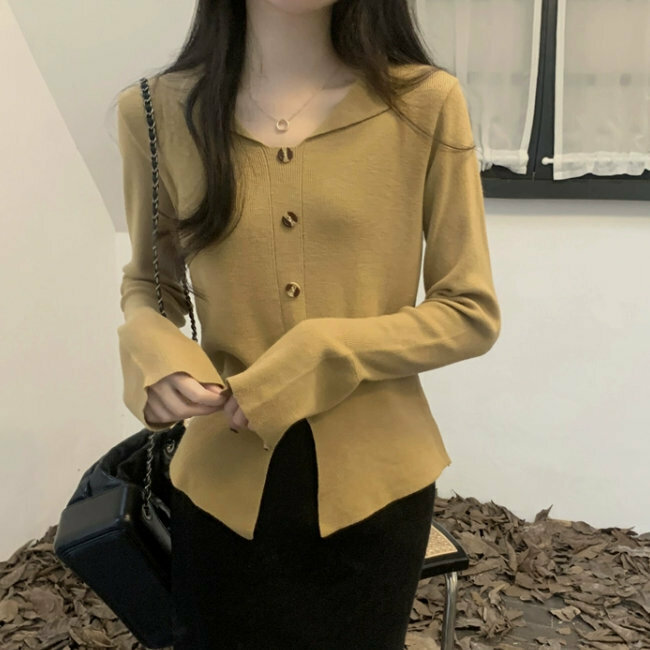 Hot Selling Irregular Hem Slit Knit Sweater (One Size) (Khaki)