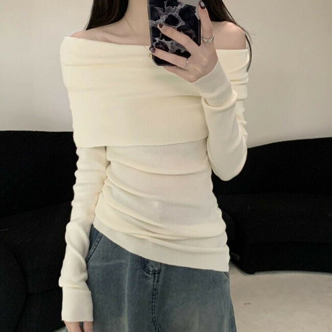 Hot Selling One Shoulder Gray Knitted Sweater (One Size) (Apricot)