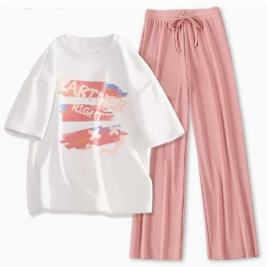 Hot selling ice silk casual sports suit [white (partner) + pink pants] [S-XL size] (please contact customer service to confirm the delivery size after placing the order)
