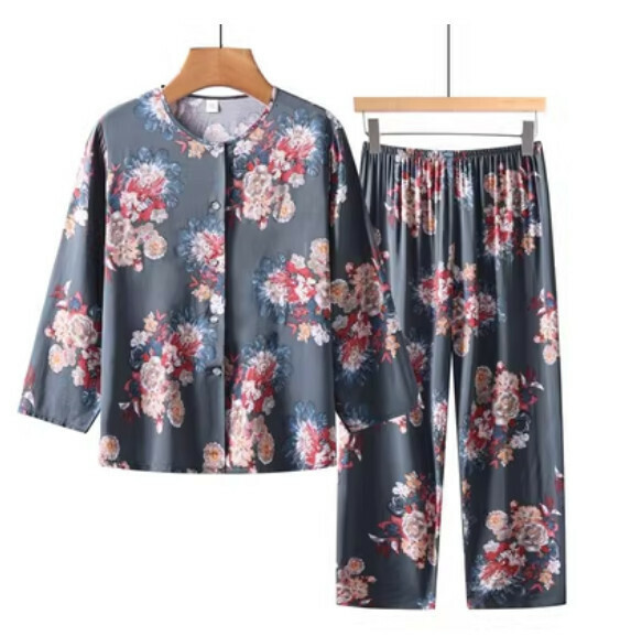 Summer middle-aged and elderly long-sleeved cardigan set (dark green flowers) [Size: XL-5XL] [Contact customer service to confirm the shipping size after placing an order]
