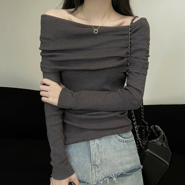 Hot Selling One Shoulder Gray Knit Sweater (One Size) (Gray)