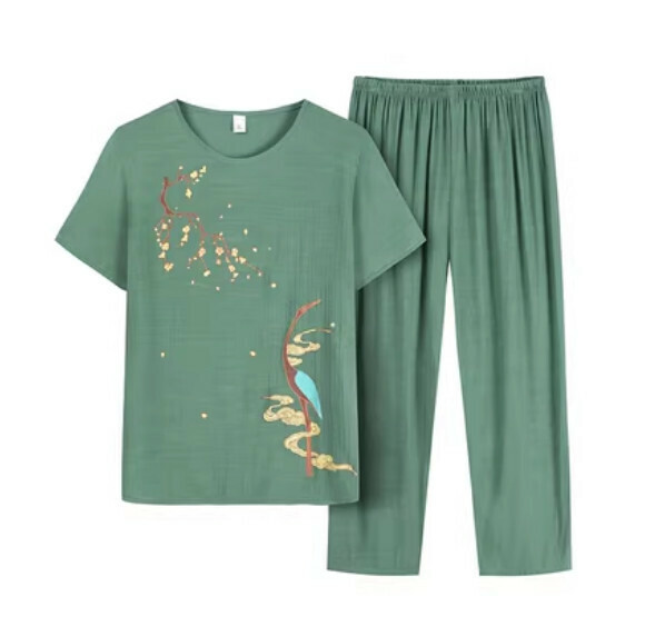 Summer middle-aged and elderly cotton and linen set ([Chizuru] green) [Size: XL-4XL] [Contact customer service to confirm the shipping size after placing an order]