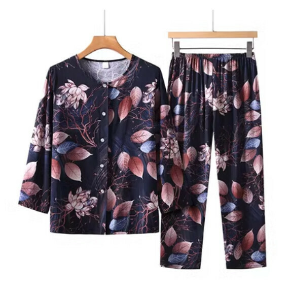 Summer middle-aged and elderly long-sleeved cardigan set (black bottom maple leaf) [Size: XL-5XL] [Contact customer service to confirm the shipping size after placing an order]