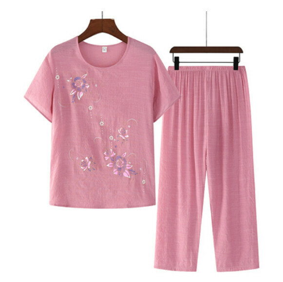 Summer middle-aged and elderly cotton and linen set (pink) [Size: XL-4XL] [Contact customer service to confirm the shipping size after placing an order]