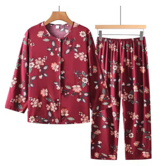 Summer middle-aged and elderly long-sleeved cardigan set (jujube red dandelion) [size: XL-5XL] [Contact customer service to confirm the shipping size after placing an order]