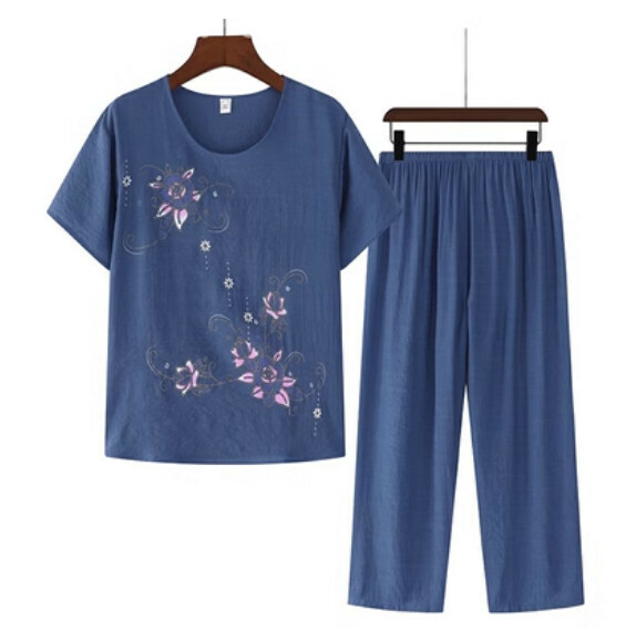 Summer middle-aged and elderly cotton and linen set (blue) [Size: XL-4XL] [Contact customer service to confirm the shipping size after placing an order]