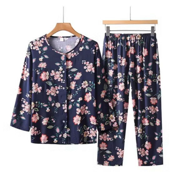 Summer middle-aged and elderly long-sleeved cardigan set (navy dandelion) [size: XL-5XL] [Contact customer service to confirm the shipping size after placing an order]