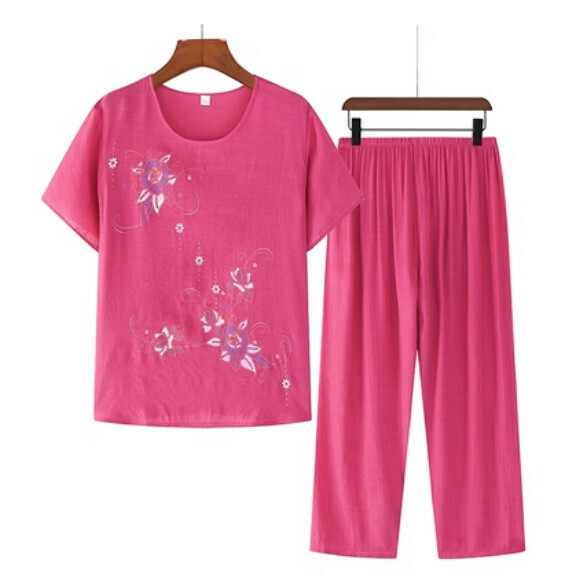 Summer middle-aged and elderly cotton and linen set (red) [Size: XL-4XL] [Contact customer service to confirm the shipping size after placing an order]
