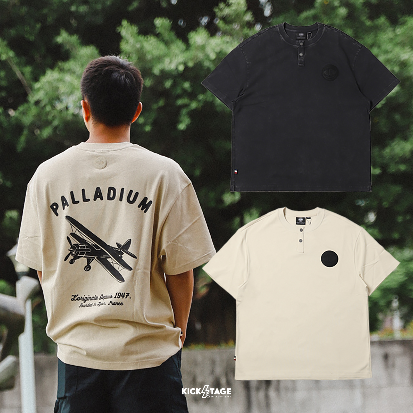 **特價商品售出無退換**男女款 PALLADIUM HENLEY SHIRT 牡蠣灰 鉛黑色 亨利領 工裝印刷 短袖 短T【109645】