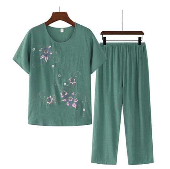 Summer middle-aged and elderly cotton and linen set (green) [Size: XL-4XL] [Contact customer service to confirm the shipping size after placing an order]