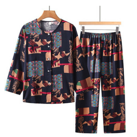 Summer middle-aged and elderly long-sleeved cardigan set (black bottom color check) [Size: XL-5XL] [Contact customer service to confirm the shipping size after placing an order]