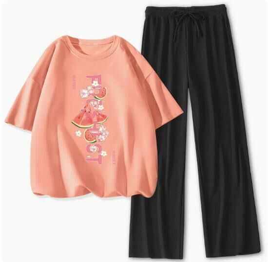 Hot selling ice silk casual sports suit [orange pink (big sweet melon) + black pants] [S-XL size] (please contact customer service to confirm the delivery size after placing the order)