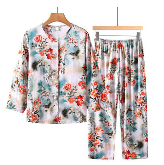 Summer middle-aged and elderly long-sleeved cardigan set (light white roses) [Size: XL-5XL] [Contact customer service to confirm the shipping size after placing an order]