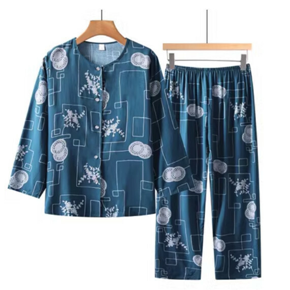 Summer middle-aged and elderly long-sleeved cardigan set (lake blue line) [Size: XL-5XL] [Contact customer service to confirm the shipping size after placing an order]