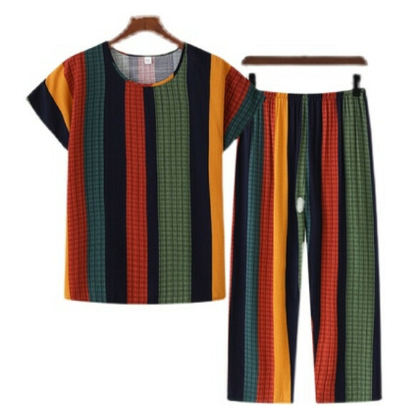 Summer middle-aged and elderly cotton silk suit (red and yellow stripes) [Size: XL-4XL] [Contact customer service to confirm the shipping size after placing an order]