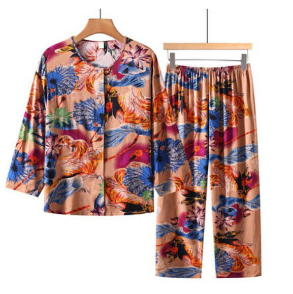 Summer middle-aged and elderly long-sleeved cardigan set (gold peacock) [size: XL-5XL] [Contact customer service to confirm the shipping size after placing an order]