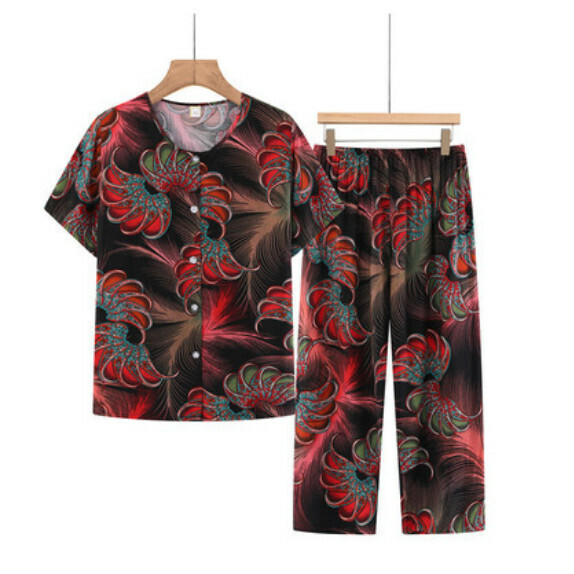Summer middle-aged and elderly cotton cardigan set (rotating feathers) [Size: XL-5XL] [Contact customer service to confirm the shipping size after placing an order]
