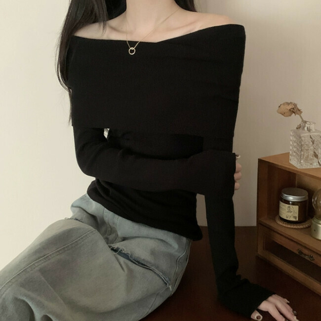 Hot Selling One Shoulder Gray Knitted Sweater (One Size) (Black)