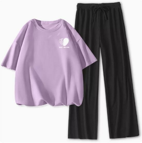 Hot selling ice silk casual sports suit [taro purple (sketch heart) + black pants] [S-XL size] (please contact customer service to confirm the delivery size after placing the order)
