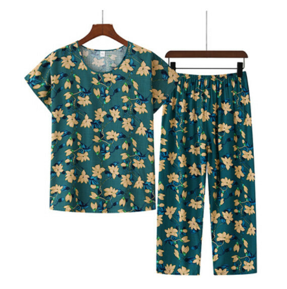 Summer middle-aged and elderly cotton silk suit (green flower) [size: XL-4XL] [Contact customer service to confirm the shipping size after placing an order]