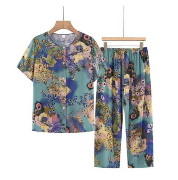 Summer middle-aged and elderly cotton cardigan set (peacock open screen) [Size: XL-5XL] [Contact customer service to confirm the shipping size after placing an order]