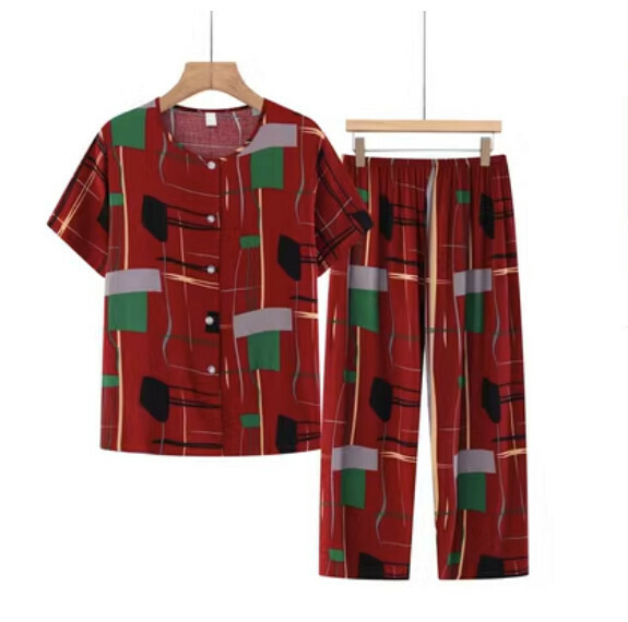 Summer middle-aged and elderly cotton cardigan set (red and green color-matching) [Size: XL-5XL] [Contact customer service to confirm the delivery size after placing an order]