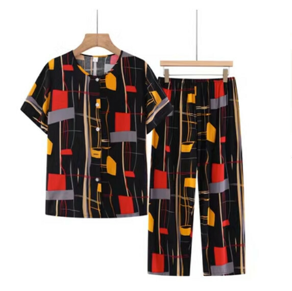 Summer middle-aged and elderly cotton cardigan set (black and red color-blocking) [Size: XL-5XL] [Contact customer service to confirm the shipping size after placing an order]